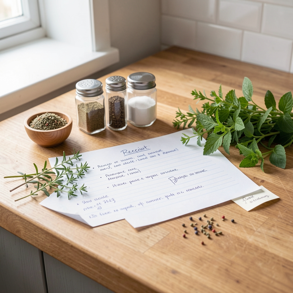 Notizbuch und Rezeptkarte auf einem Holzuntergrund, natürliches Tageslicht, reduzierte Tischkomposition für einen Kochkurs